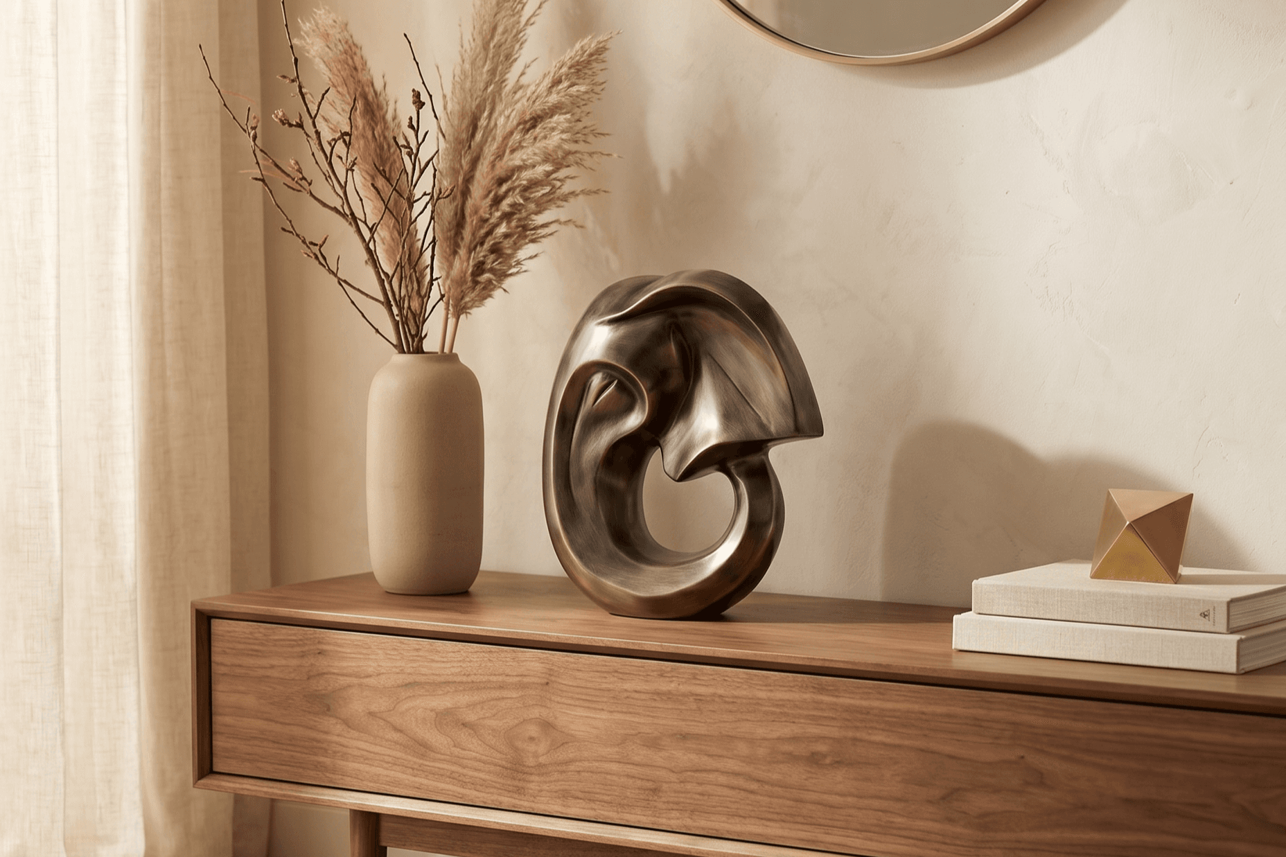 A walnut mid-century console styled with a Gaja copper-antique sculpture and accent pieces in a warm modern residential interior