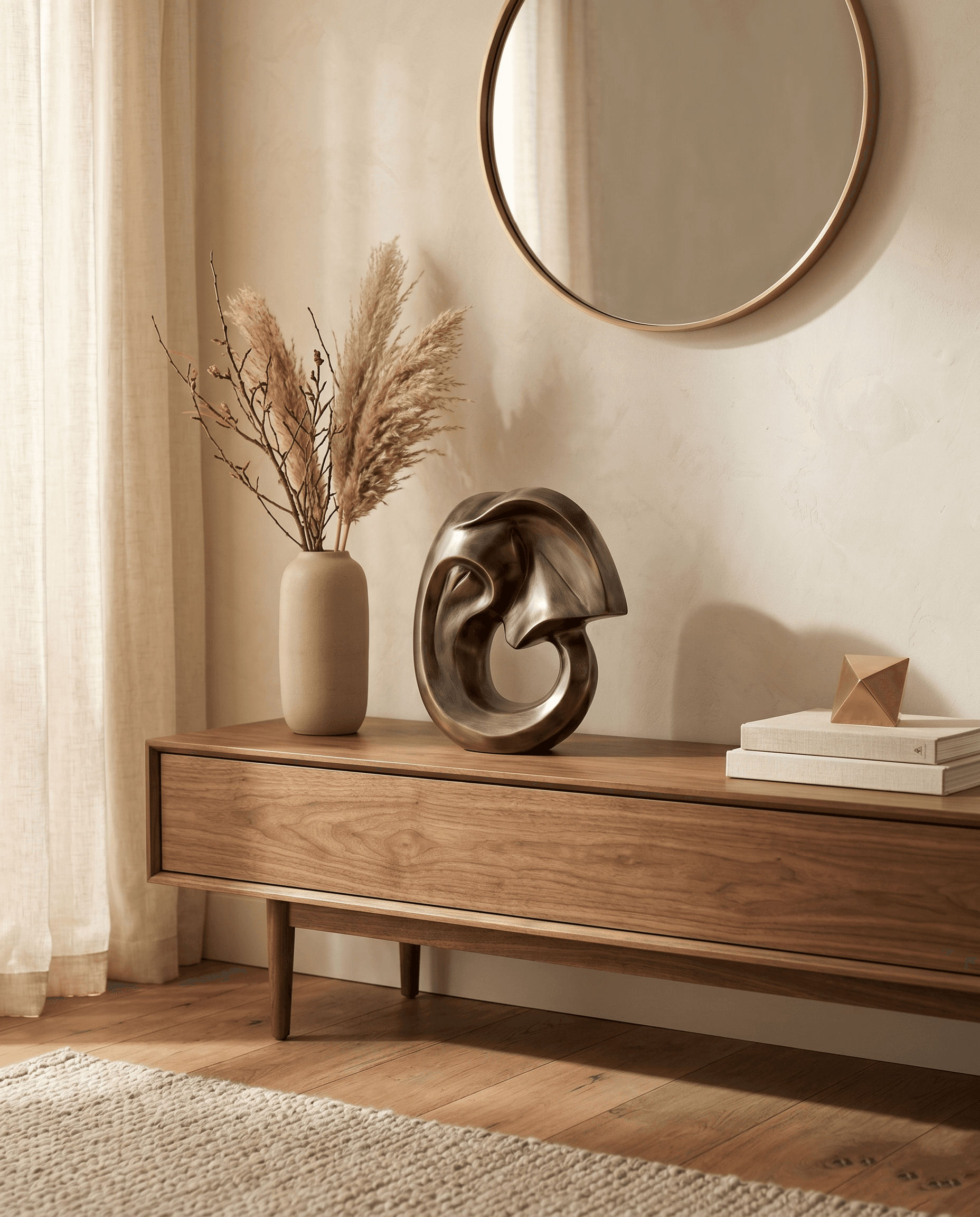 A walnut mid-century console styled with a Gaja copper-antique sculpture and accent pieces in a warm modern residential interior