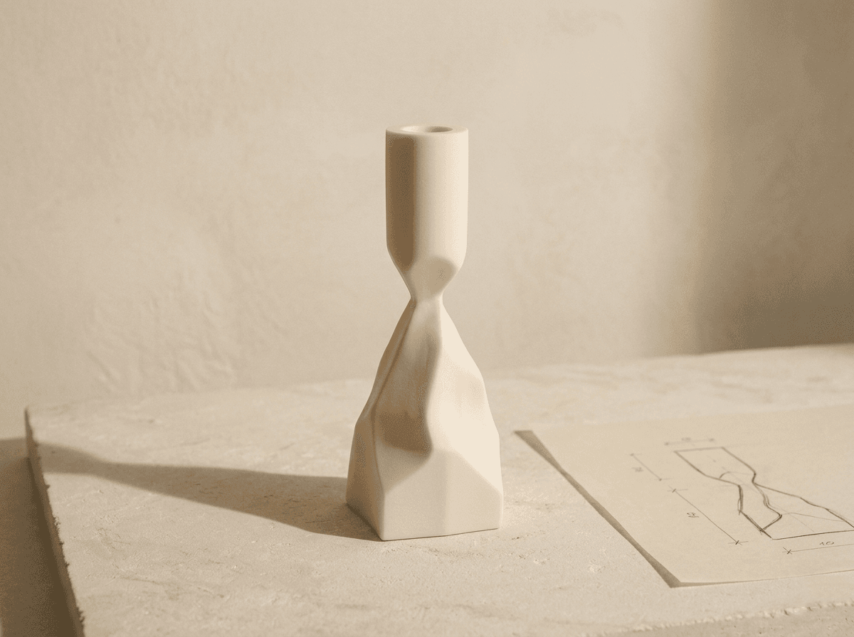 A selected design prototype staged for handoff to the casting workshop — the moment a form chosen from digital exploration is translated into a physical study model