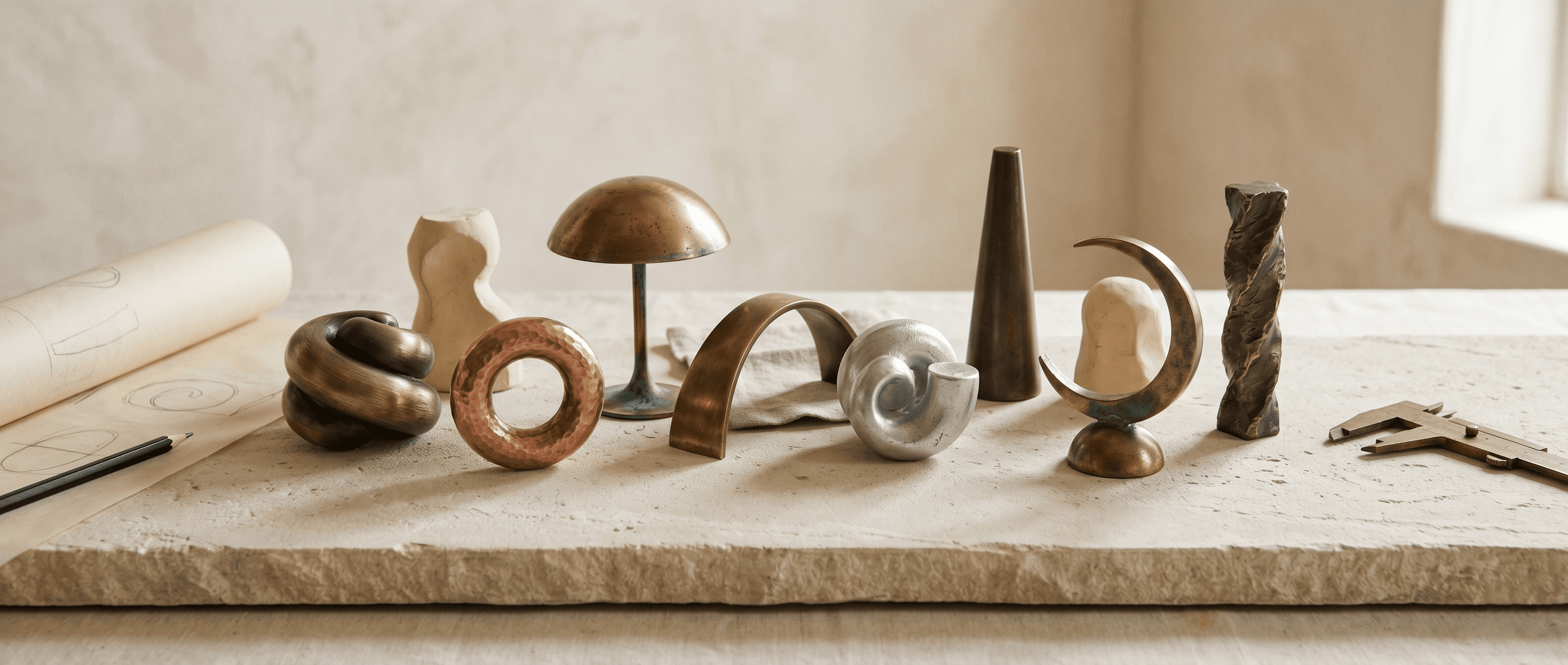 Editorial tabletop studio still-life — a cluster of abstract sculptural study forms in warm cast metals, the physical outcome of thousands of forms explored in the THOA digital design studio