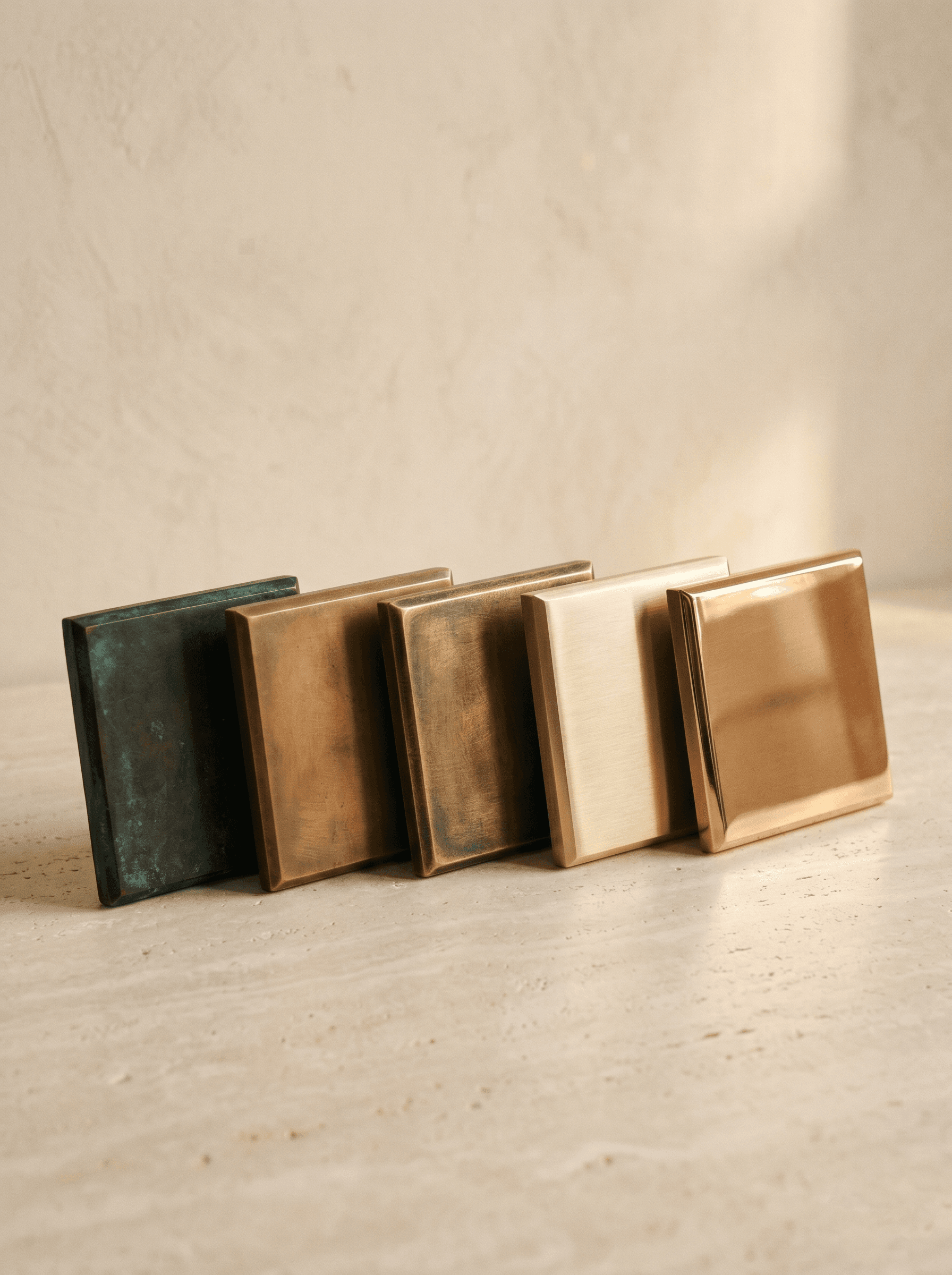 A studio still-life of THOA finish samples — the range of surface treatments the workshop delivers, from deep patina to mirror polish, across aluminum and brass