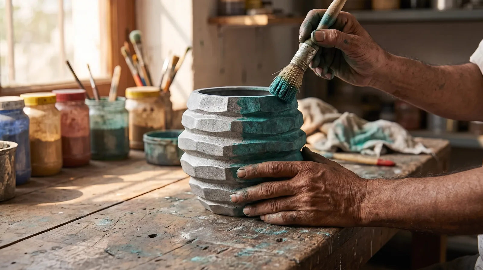 The same cast form raw and hand-patinated in verdigris