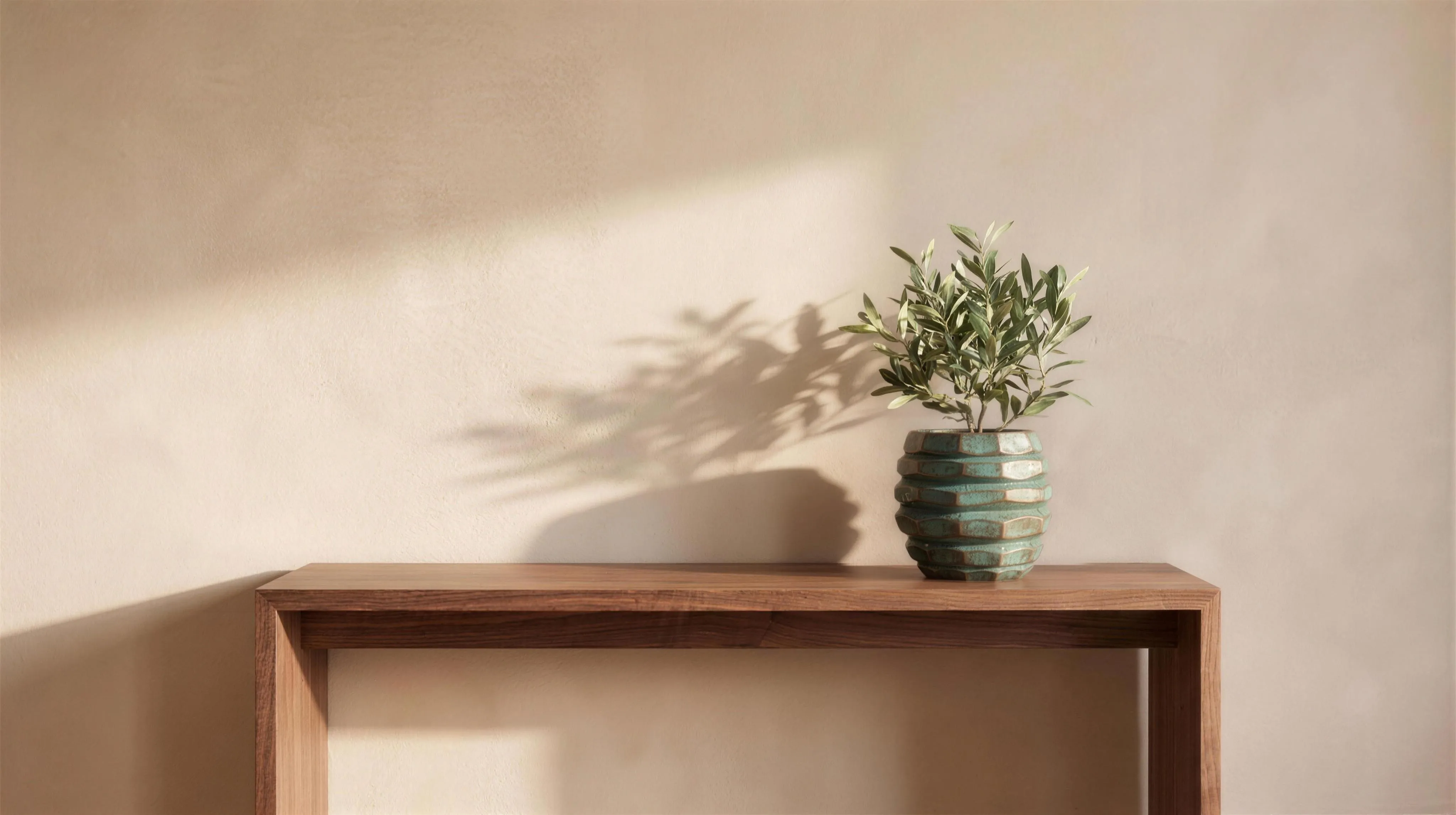 The faceted planter in verdigris, planted with an olive, on the console